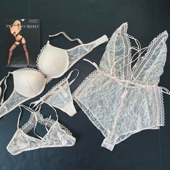 Victoria's Secret 34C BRA SET+BRALETTE+ROMPER teddy IVORY Beige lace embroidered